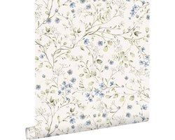 ESTAhome behang bloemetjes vergrijsd groen, blauw en wit - 50 x 900 cm - 131139