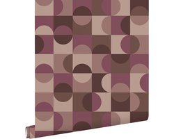 ESTAhome behang cirkels in Bauhaus stijl aubergine paars en bruin - 50 x 900 cm - 131240