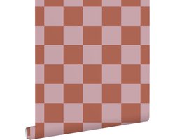 ESTAhome behang geblokt motief terracotta en oudroze - 53 cm x 10.05 m - 131419