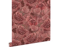 ESTAhome behang geborduurd bloemmotief bordeaux rood - 50 x 900 cm - 131870