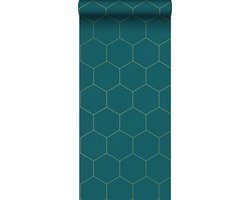 ESTAhome behang hexagon petrolblauw en goud - 53 cm x 10.05 m - 139455