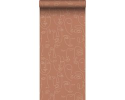 ESTAhome behang line art gezichten terracotta - 53 cm x 10.05 m - 139375