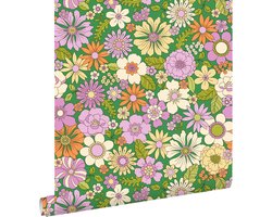 ESTAhome behang retro bloemen groen, paars, beige en oranje - 50 x 900 cm - 131808