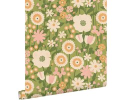 ESTAhome behang retro bloemen groen, roze en oranje - 50 x 900 cm - 132160