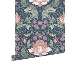 ESTAhome behang vintage bloemen in art nouveau stijl blauw, groen en terracotta roze - 50 x 900 cm - 131083