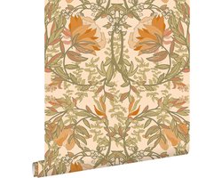 ESTAhome behang vintage bloemen in art nouveau stijl groen, oranje en beige - 50 x 900 cm - 131697