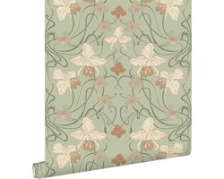 ESTAhome behang vintage bloemen in art nouveau stijl vergrijsd groen en terracotta - 53 cm x 10.05 m - 139667