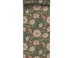 ESTAhome behang vintage bloemen vergrijsd groen en terracotta roze - 53 cm x 10.05 m - 139381