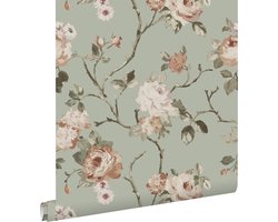 ESTAhome behang vintage bloemen vergrijsd mintgroen en zacht roze - 53 cm x 10.05 m - 139291