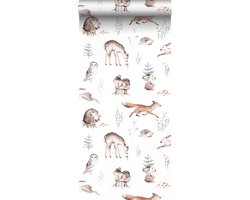 ESTAhome behang vintage bosdieren wit, oranje en bruin - 53 cm x 10.05 m - 139399