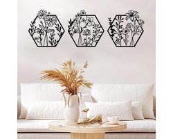 ESTART 3 Pcs Metal Flower Wall Decoration, Minimalist Flowers Wall Hanging Art, Abstract Line Flowers Wall Art Sculpture for Bedroom Bathroom Living Room Kitchen Dining Room (Black)