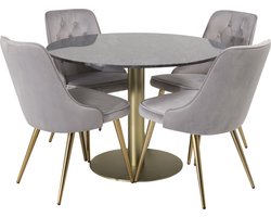 EstelleØ106BLBR eethoek eetkamertafel zwart, marmer en 4 Velvet Deluxe eetkamerstal velours lichtgrijs, messing decor.