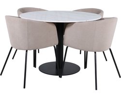 EstelleØ106WHBL eethoek eetkamertafel wit, marmer en 4 Berit eetkamerstal beige.
