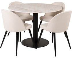 EstelleØ106WHBL eethoek eetkamertafel wit, marmer en 4 Velvet eetkamerstal fluweel beige, zwart.