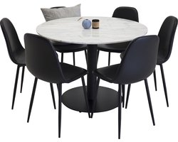 EstelleØ106WHBL eethoek eetkamertafel wit, marmer en 6 Polar eetkamerstal zwart PU kunstleer.