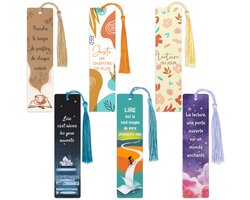 Esthetische bladwijzers papier, 6 x bladwijzers met Franse spreuken en kwasten, cadeau voor volwassenen, kleine cadeaus voor scholieren, eerste schooldag, boekenliefhebbers