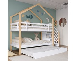 Etagenbed, Uittrekbaar houtbed, Schijfbed, Trap met 3 laden, Kinderbed met stortbeveiliging en Kinderbedgratier, met Lattenroste, Natuur+Wit (90x200cm&90x190cm) [30813567NAA]