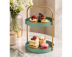 Etagère 2-Laags Metaal Mintgroen met Gouden Frame – Ø 20 x 30 cm