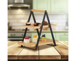 Etagère 2 laags - serveertoren - bamboe en metaal - zwart - 33x34x19 cm
