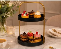 Etagère 2-Laags Zwart met Gouden Handgreep – Ø 20 x 30 cm
