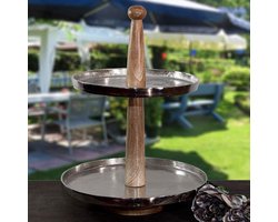 Etagère 2 Verdiepingen Aluminium en Hout Geborsteld - Taartplateau en Buffet Decoratie