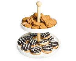 Etagère 2 verdiepingen porselein met houten stam voor stijlvolle presentatie