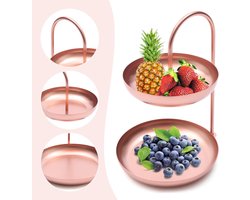 Etagère 2 verdiepingen - Serveerschaal rond - Taart en gebak - Stevig ijzer metaal - 30 cm hoog - Roségoud
