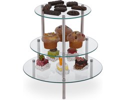 etagere - 3-delig - glas - high tea - rond - op voet - voor cupcakes - transparant