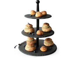 Etagère 3 verdiepingen van leisteen met houten stam taartplateau taartstandaard serveerstandaard