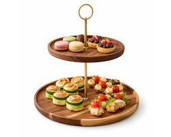 Etagère AURELIA – Acaciahout & Goud – 2-Laags Serveerschaal – Ø25 x H30 cm