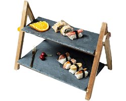Etagere Hout - Dessert Stand - Feestelijke Presentatie - Natuursteen & Hout - 2 Lagen - Houtkleur