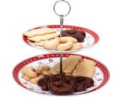Etagère met 2 verdiepingen, diameter 27 cm, porseleinen 2-laags serveerstandaard voor cupcakes, cake en kerstkoekjes, rood met goud, geschikt voor advent en Sinterklaas