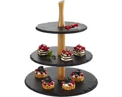 Etagère met 3 verdiepingen - Natuurlijke leisteen en acaciahout - Ø 30 cm, Ø 25 cm, Ø 20 cm, H: 34 cm