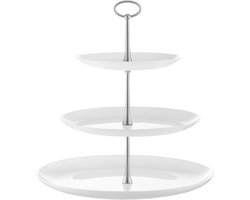 Etagère met 3 verdiepingen - Taartstandaard en serveerschaal - Lekkernijen presenteren - Wit glas en roestvrij staal - 34 cm hoog - Wit