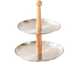 Etagère met Drie Verdiepingen - Taartstandaard Serveerschaal - Feestelijk Presenteren - Roestvrij Staal en Hout - 26.5 cm Hoogte - Zilver