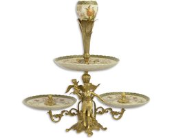 Etagère porselein met bronzen montuur – 2-laags serveerplateau vintage stijl – elegante etagère voor desserts, hapjes en taart – decoratief en stevig servies
