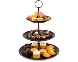 Etagère Porselein Zwart met 3 Verdiepingen 34 cm - Serveertoren - Taartplateau - Cupcakestandaard - Taartstandaard