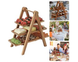Etagere - Serveertoren - Serveerschaal - Serveerplateau - Drie Laags - Plataan Hout - 44x18xH42 cm - Stevig en Robuust - Inclusief EBOOK