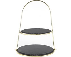 Etagère serving board voor cakes- fruit- kaas en dessert met 2 niveaus van natuurlijk leisteen en beugelhandvat- Gouden Editie- Ø leisteenplaten ongeveer 25/30 cm