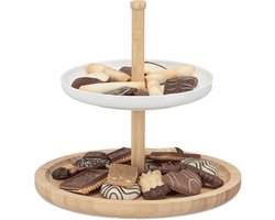 Etagère van bamboe en keramiek - 2 lagen - Ø x H: 25 x 25 cm - fruit - koekjes - serveerschaal - fruitschaal - natuurlijk wit