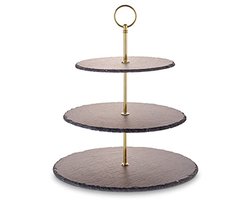 Etagère van leisteen met metalen handgreep voor cake, fruit en kaas – 3 niveaus