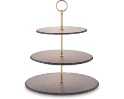 Etagère van leisteen met metalen handgreep voor cake, fruit en kaas – 3 niveaus