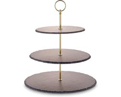 Etagère van leisteen met metalen handgreep voor cake, fruit en kaas – 3 niveaus