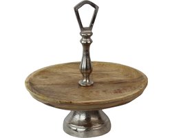 Etagère/serveerplateau op voet - uit mangohout, metaal bruin, zilver (B / H / D) 30x30x30cm