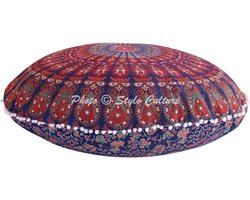 Etnisch Boheemse Vloerkussenhoes 80x80 cm met Mandala Print en Pom Poms - Donkerblauw Rood - Decoratieve Hoes voor Meditatie en Pauwstoel