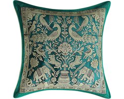 Etnische Kussenhoes - Brokaat Jacquard - Woonkamer Decoratie - Olifant Pauw Patroon - 30 x 30 cm - Smaragd Groen