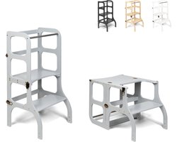 Ette Tete Step 'n Sit - Leertoren - Grijs met messing clips - Inklapbaar tot tafel en stoel - Learning Tower - Montessori inspired - Keukentrap - Keukenhulp - Leerstoel - Veilig -Duurzaam