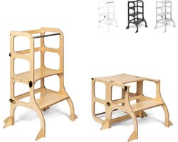 Ette Tete Step 'n Sit - Leertoren - Naturel met gouden clips - Inklapbaar tot tafel en stoel - Met extra support - Learning Tower - Montessori inspired - Keukentrap - Keukenhulp - Leerstoel - Veilig -Duurzaam