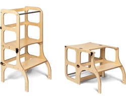 Ette Tete Step 'n Sit - Leertoren - Naturel met messing clips - Inklapbaar tot tafel en stoel - Learning Tower - Montessori inspired - Keukentrap - Keukenhulp - Leerstoel - Veilig -Duurzaam