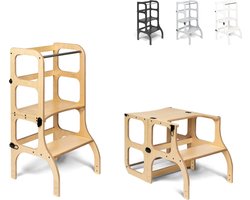 Ette Tete Step 'n Sit - Leertoren - Naturel met zilveren clips - Inklapbaar tot tafel en stoel - Learning Tower - Montessori inspired - Keukentrap - Keukenhulp - Leerstoel - Veilig -Duurzaam